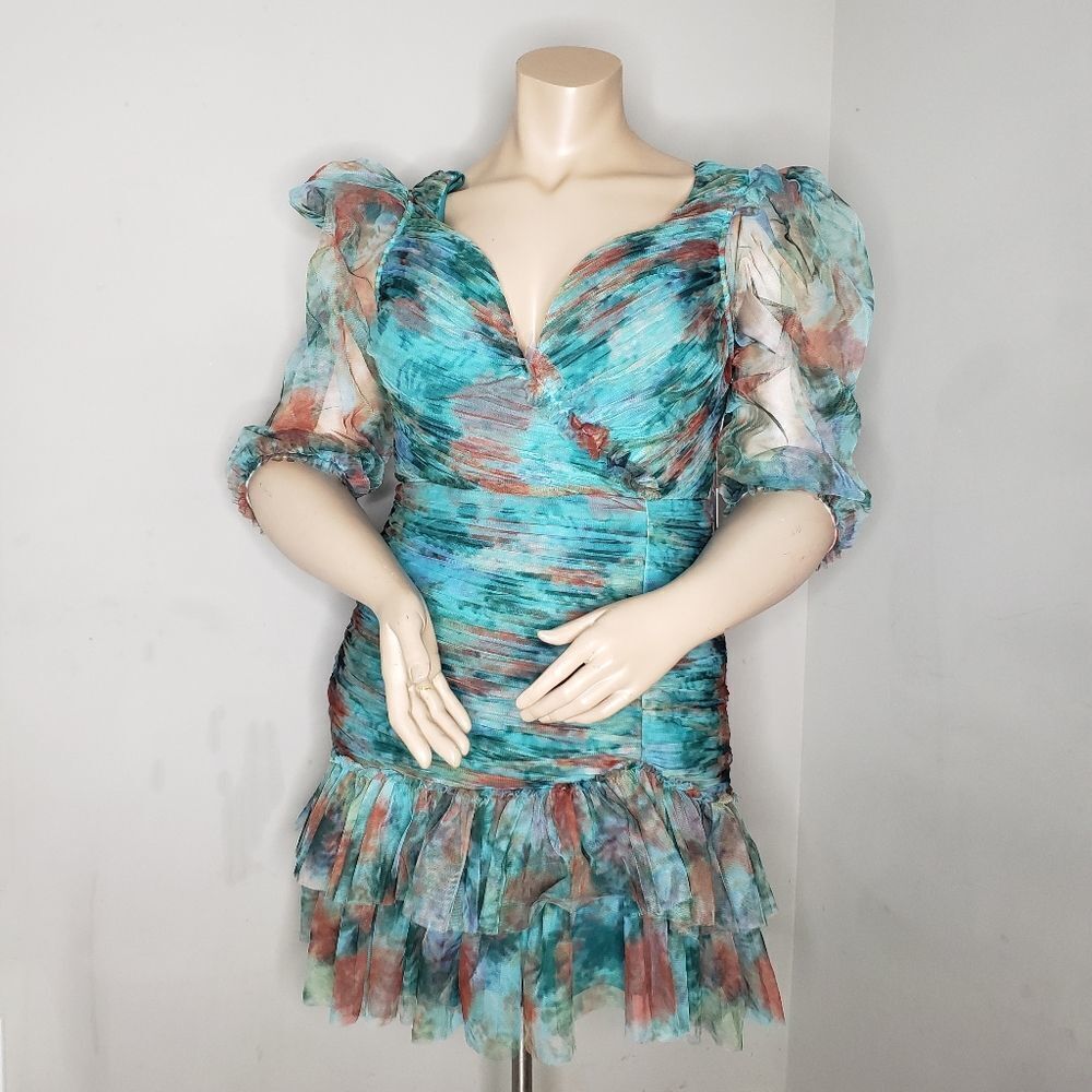 Blue and Brown Maxi Dress with Puff Sleeves and Plunge Neckline